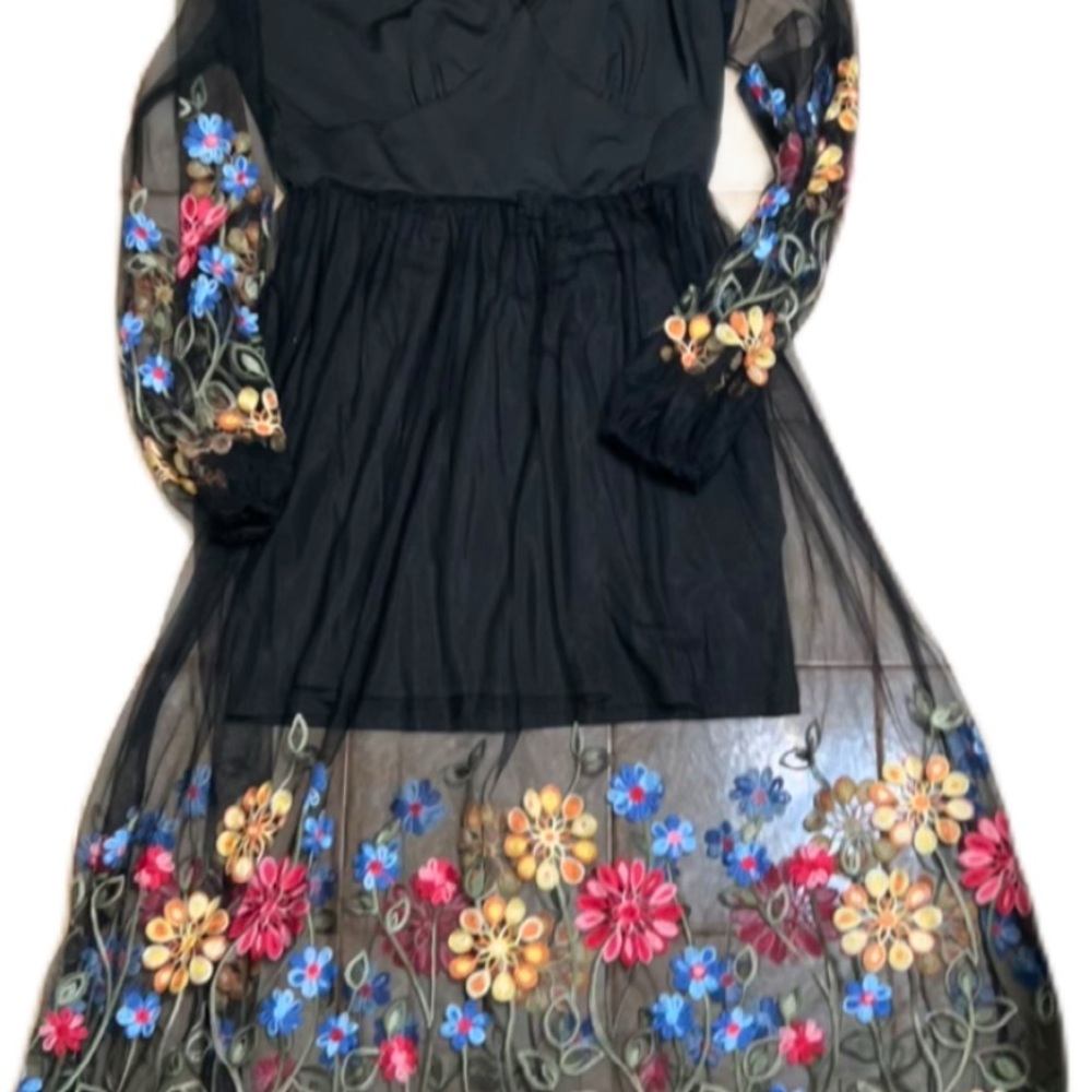 SHEIN Black Dress with Colorful Floral Embroidery